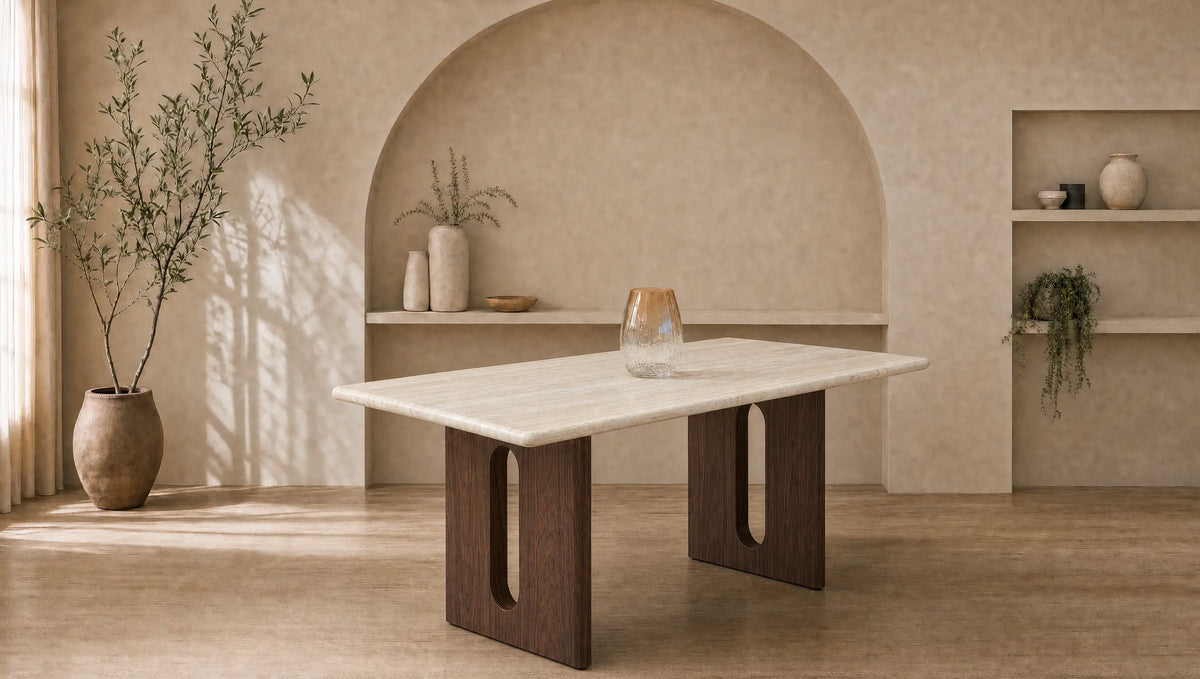 Table à manger YOUNI 180 cm effet travertin et noyer