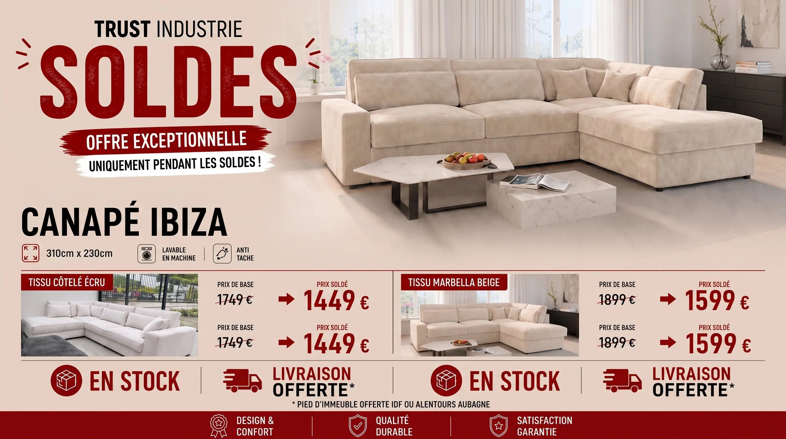 Canapé d’angle IBIZA - Velours côtelé blanc cassé - Marbella beige - Gauche - Droit 