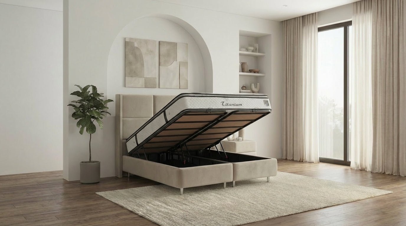 Lit coffre 140X190 cm RIO en velours beige avec sommier et tête de lit inclus - TRUST INDUSTRIE - Beige - 