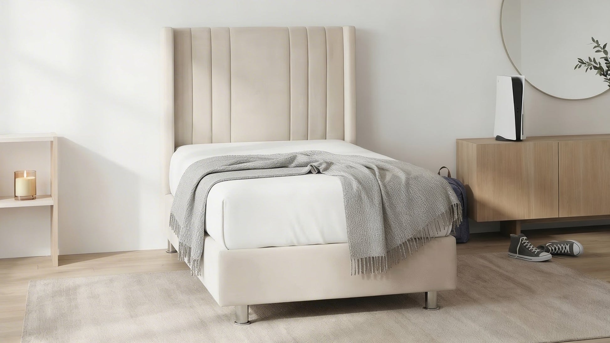 Lit coffre 90X190 cm ALMA en velours beige avec sommier et tête de lit inclus - TRUST INDUSTRIE - 