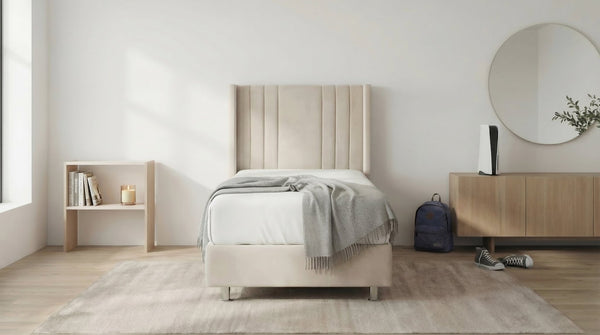 Lit coffre 90X190 cm ALMA en velours beige avec sommier et tête de lit inclus - TRUST INDUSTRIE - 