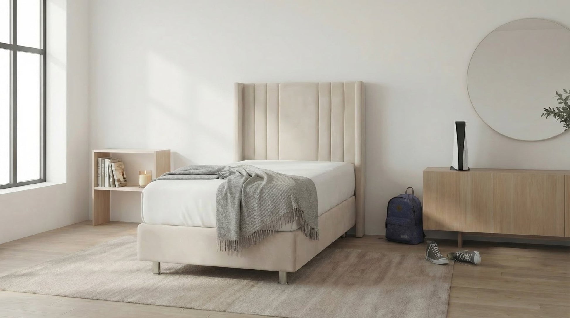 Lit coffre 90X190 cm ALMA en velours beige avec sommier et tête de lit inclus - TRUST INDUSTRIE - 
