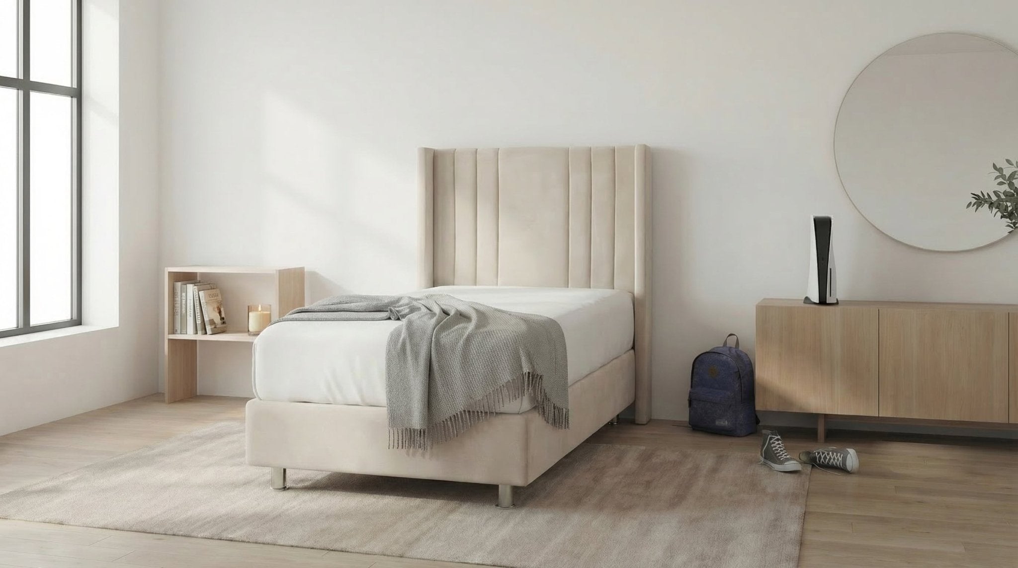 Lit coffre 90X190 cm ALMA en velours beige avec sommier et tête de lit inclus - TRUST INDUSTRIE - 