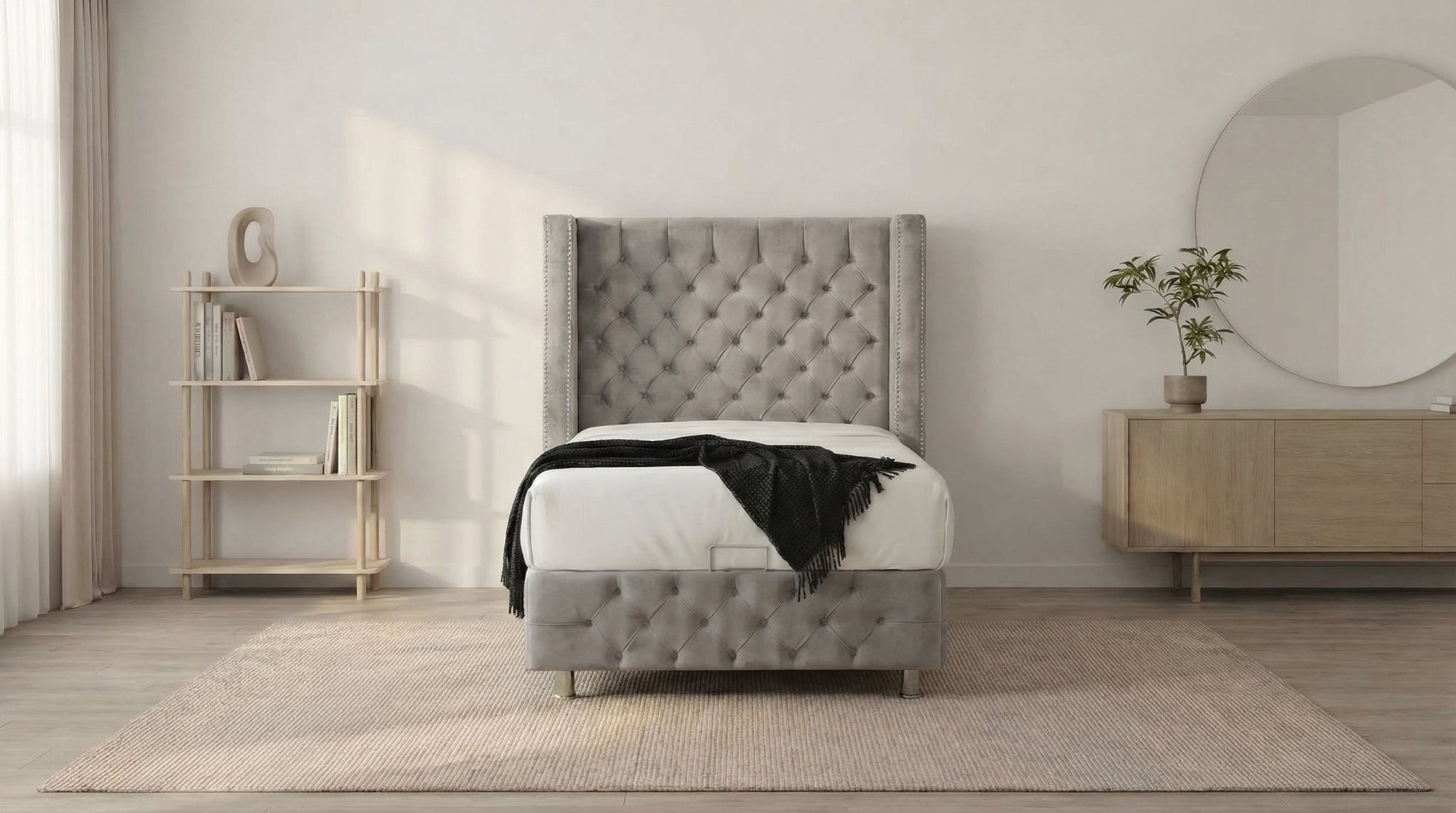 Lit coffre 90X190 cm CLOUTÉ en velours avec sommier et tête de lit capitonnée inclus - TRUST INDUSTRIE - gris - 