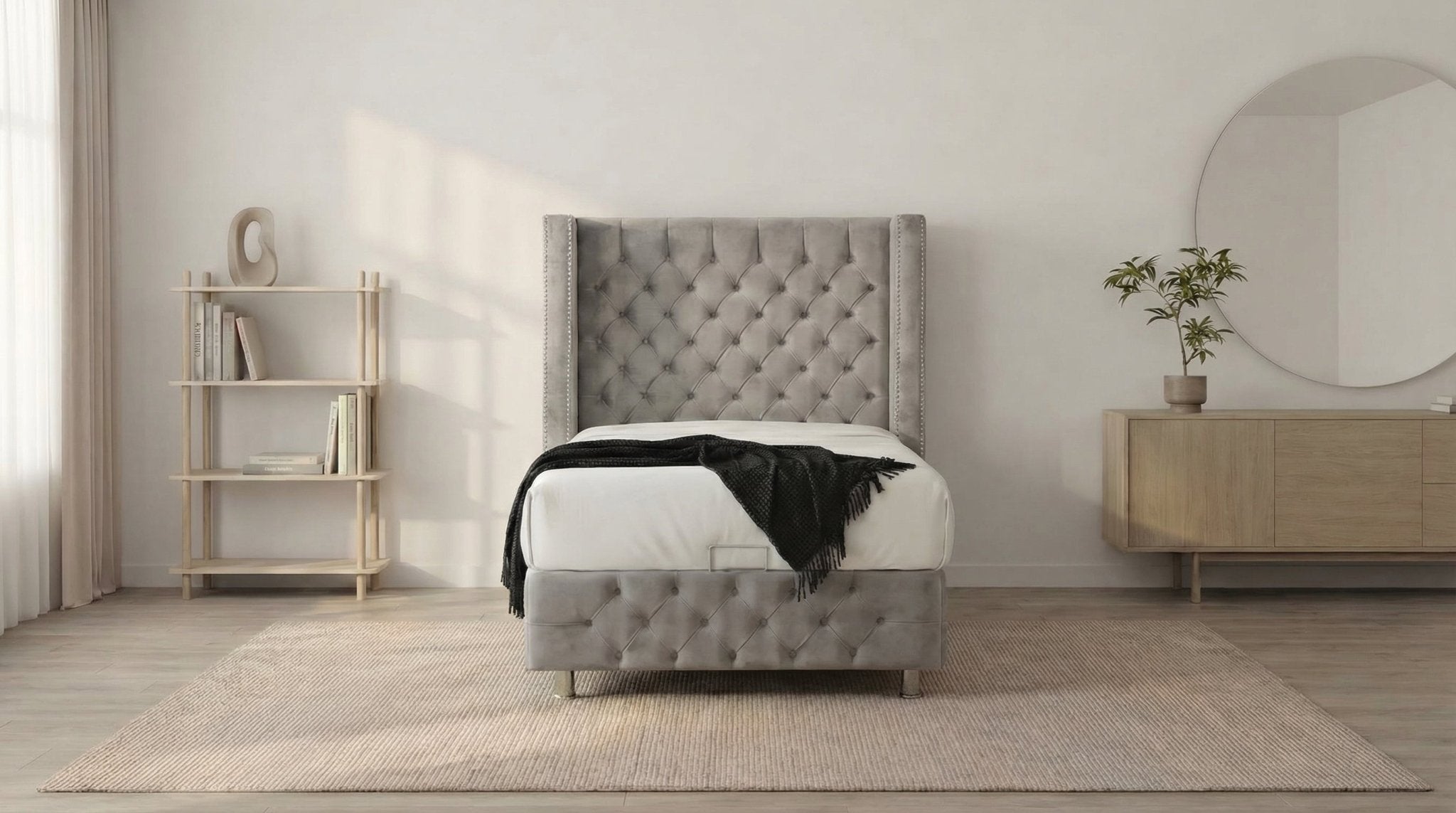 Lit coffre 90X190 cm CLOUTÉ en velours avec sommier et tête de lit capitonnée inclus - TRUST INDUSTRIE - gris - 