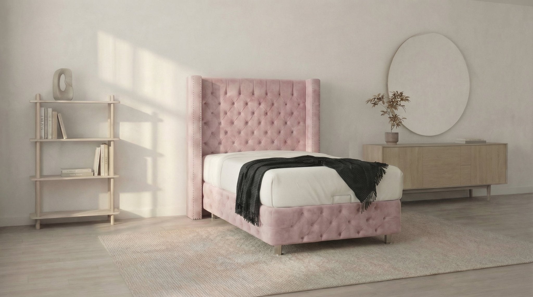 Lit coffre 90X190 cm CLOUTÉ en velours avec sommier et tête de lit capitonnée inclus - TRUST INDUSTRIE - rose - 