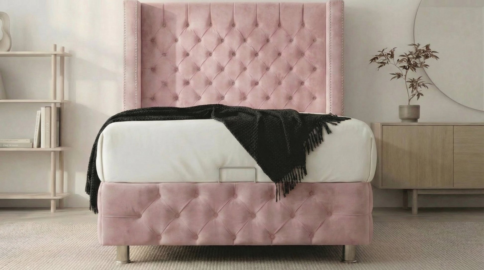 Lit coffre 90X190 cm CLOUTÉ en velours avec sommier et tête de lit capitonnée inclus - TRUST INDUSTRIE - rose - 