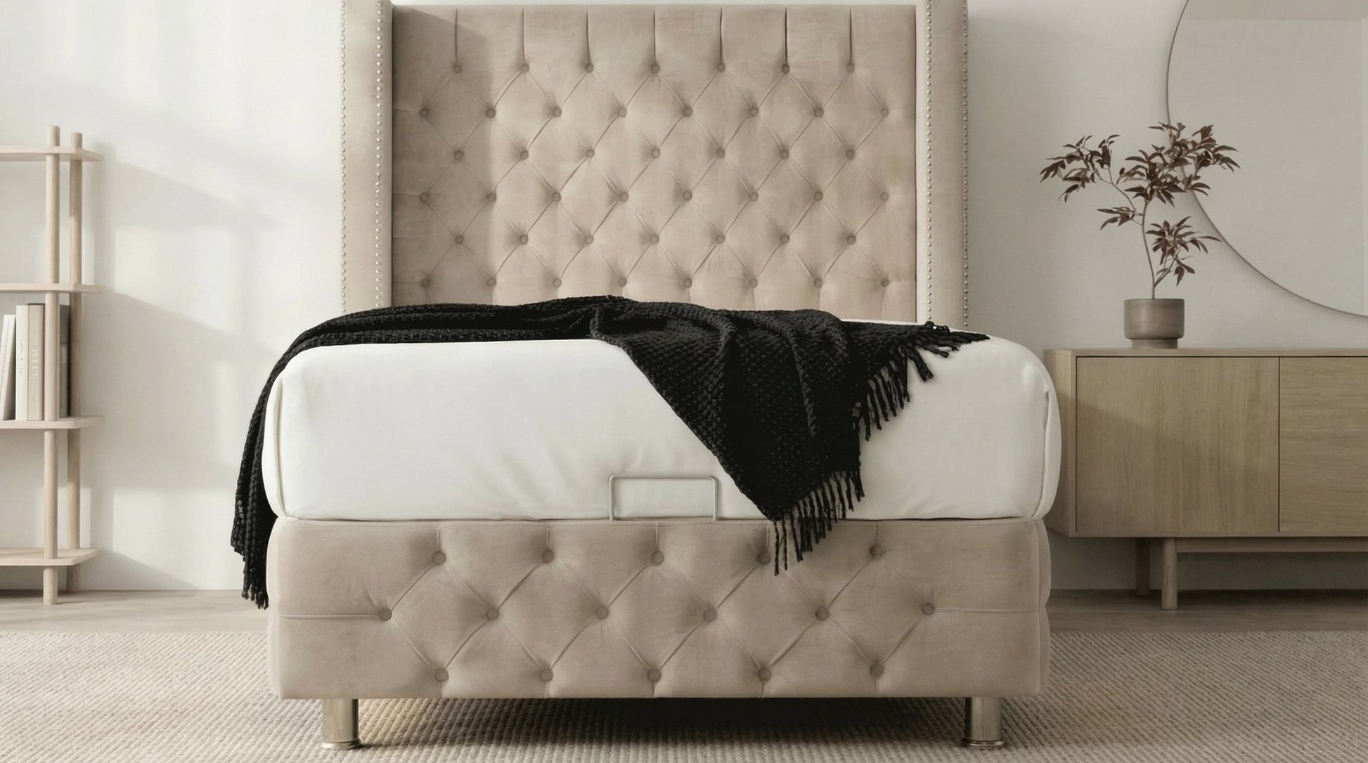 Lit coffre 90X190 cm CLOUTÉ en velours avec sommier et tête de lit capitonnée inclus - TRUST INDUSTRIE - Beige - 
