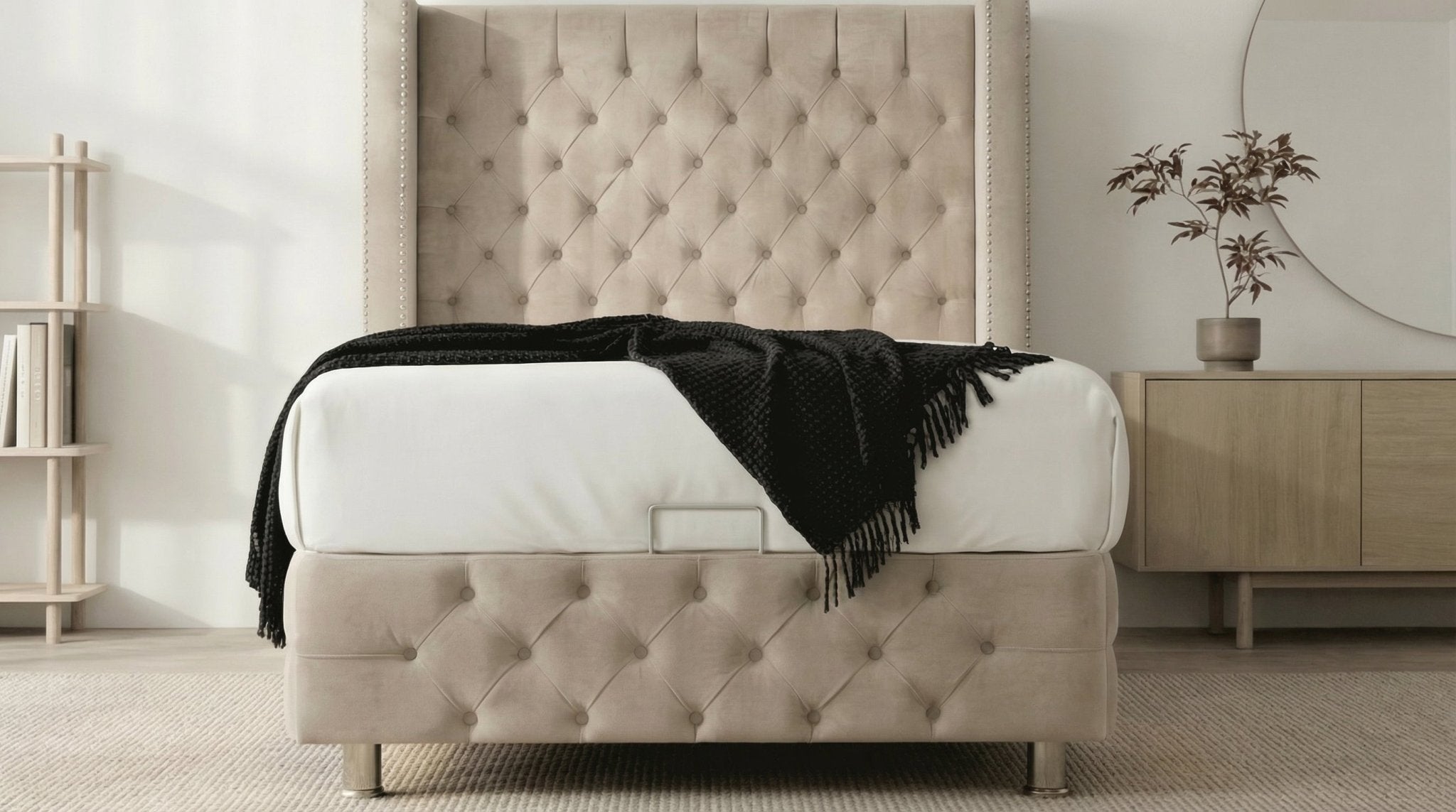 Lit coffre 90X190 cm CLOUTÉ en velours avec sommier et tête de lit capitonnée inclus - TRUST INDUSTRIE - Beige - 