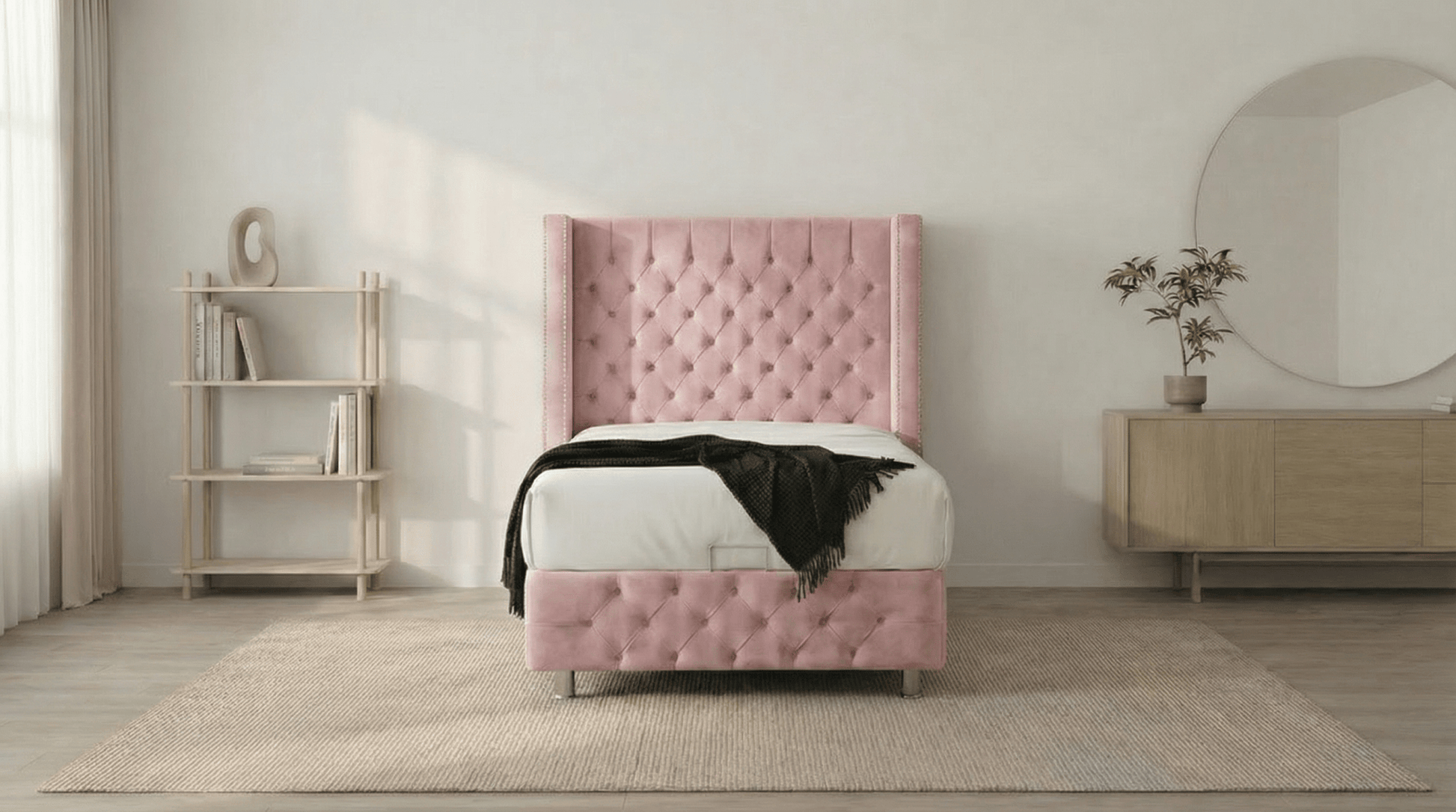 Lit coffre 90X190 cm CLOUTÉ en velours avec sommier et tête de lit capitonnée inclus - TRUST INDUSTRIE - rose - 