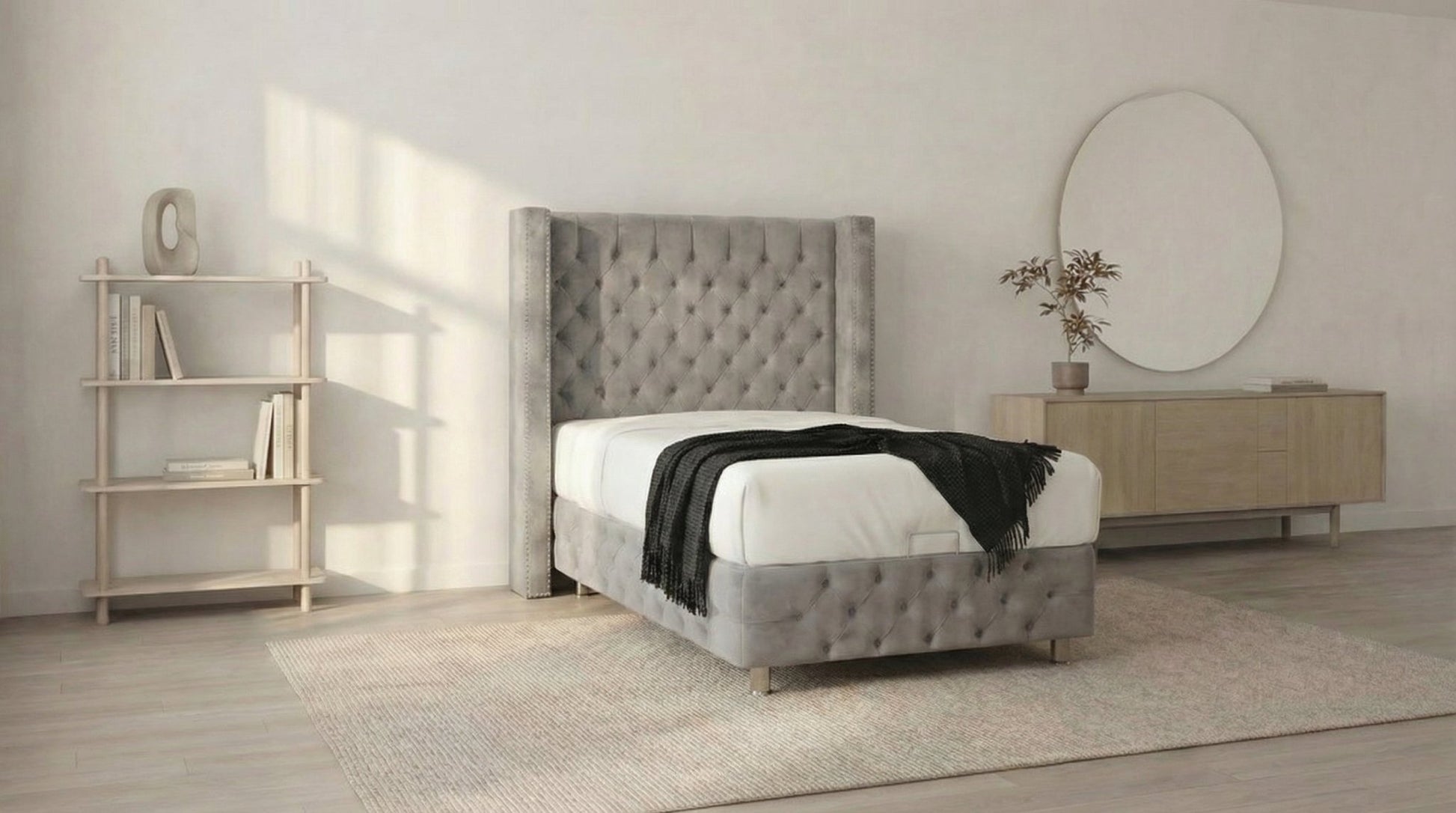 Lit coffre 90X190 cm CLOUTÉ en velours avec sommier et tête de lit capitonnée inclus - TRUST INDUSTRIE - gris - 