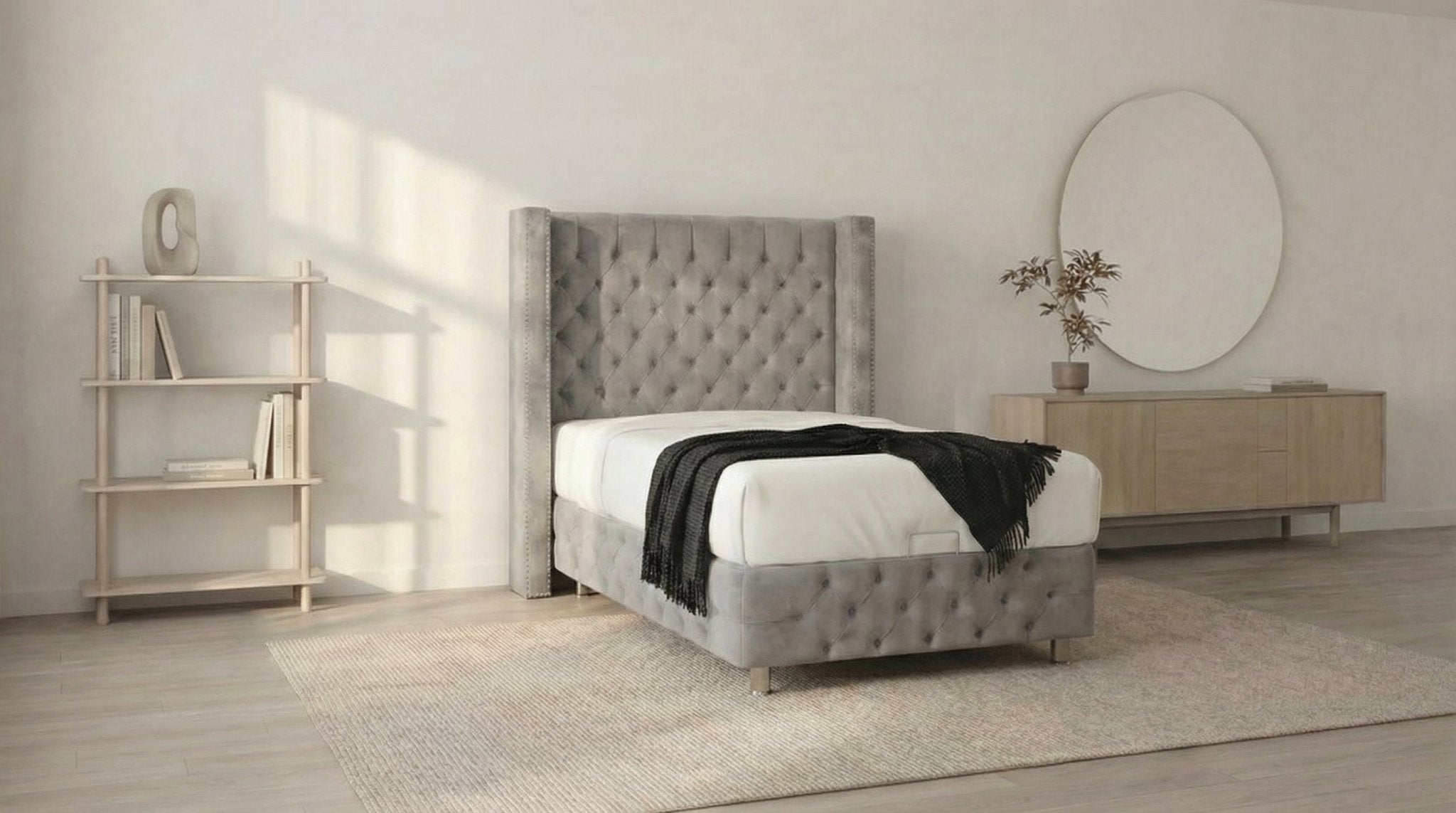 Lit coffre 90X190 cm CLOUTÉ en velours avec sommier et tête de lit capitonnée inclus - TRUST INDUSTRIE - gris - 