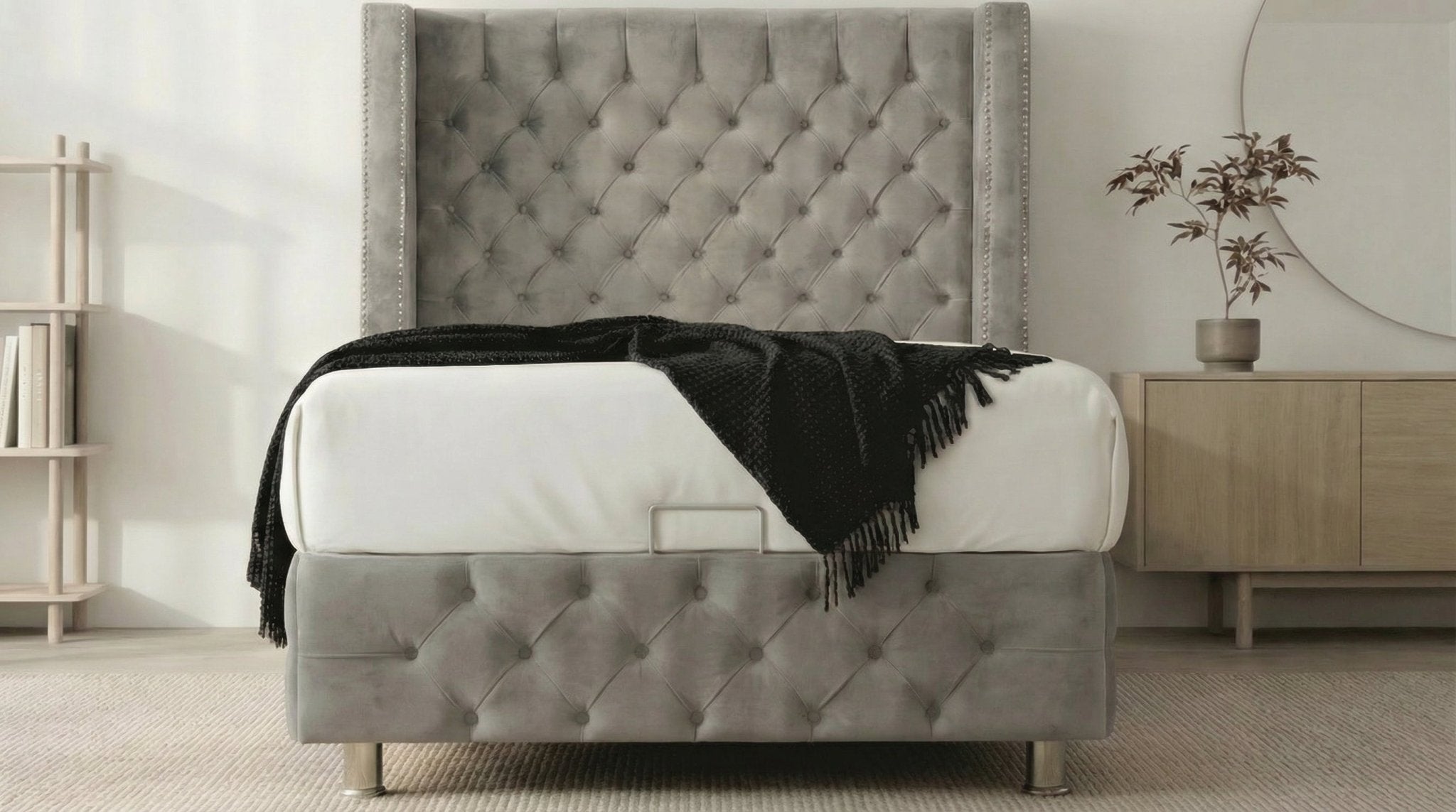Lit coffre 90X190 cm CLOUTÉ en velours avec sommier et tête de lit capitonnée inclus - TRUST INDUSTRIE - gris - 