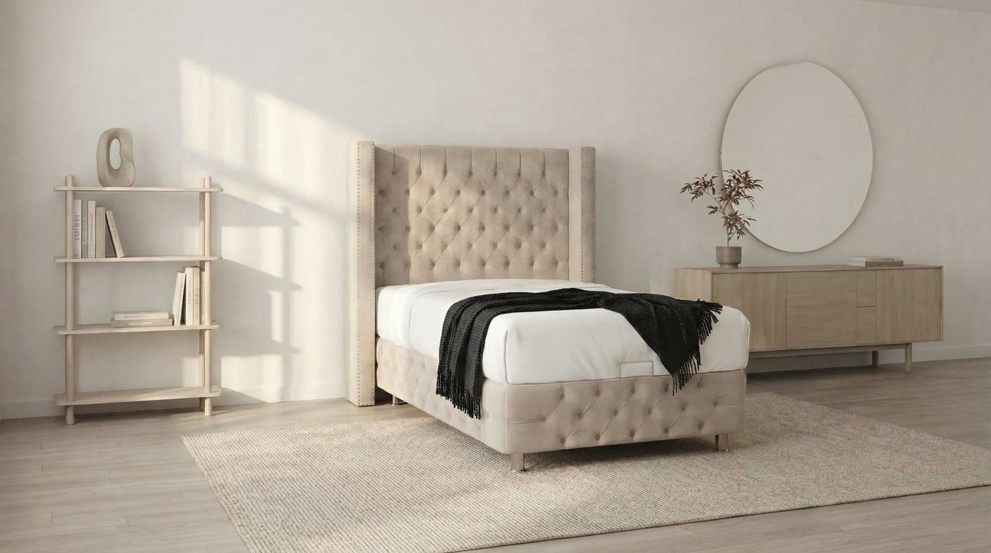 Lit coffre 90X190 cm CLOUTÉ en velours avec sommier et tête de lit capitonnée inclus - TRUST INDUSTRIE - Beige - 