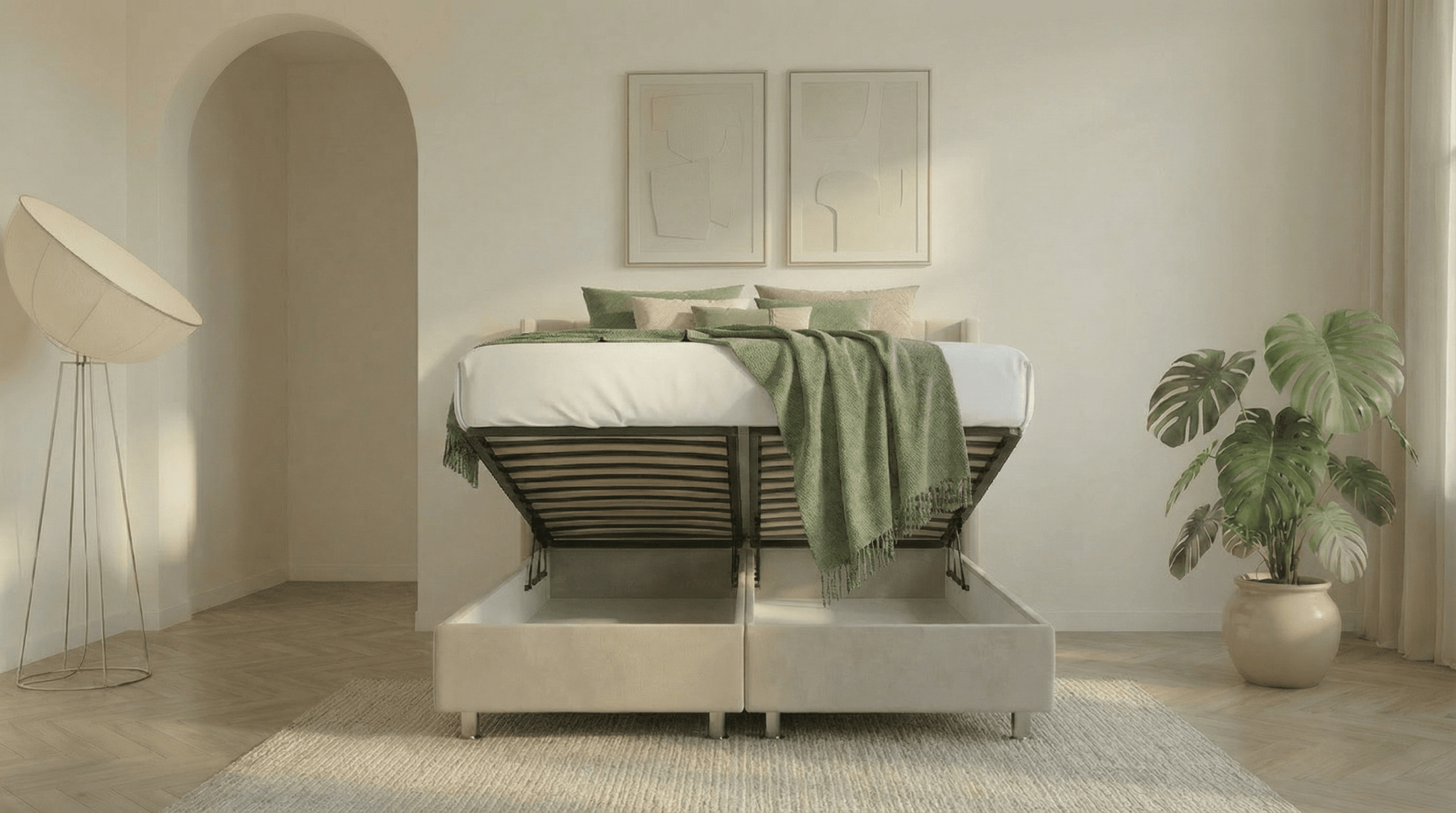 Lit coffre ALMA en velours beige avec sommier et tête de lit inclus - TRUST INDUSTRIE - Beige - 140 x 190 cm - 