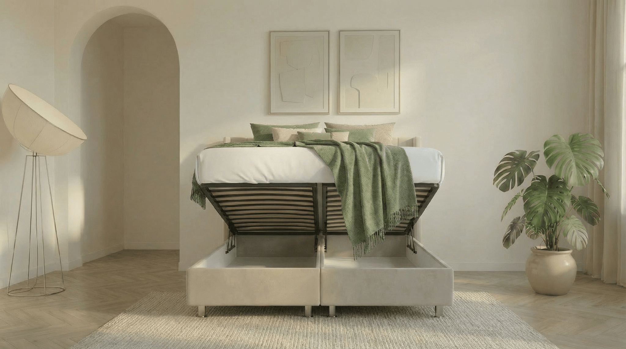 Lit coffre ALMA en velours beige avec sommier et tête de lit inclus - TRUST INDUSTRIE - Beige - 140 x 190 cm - 