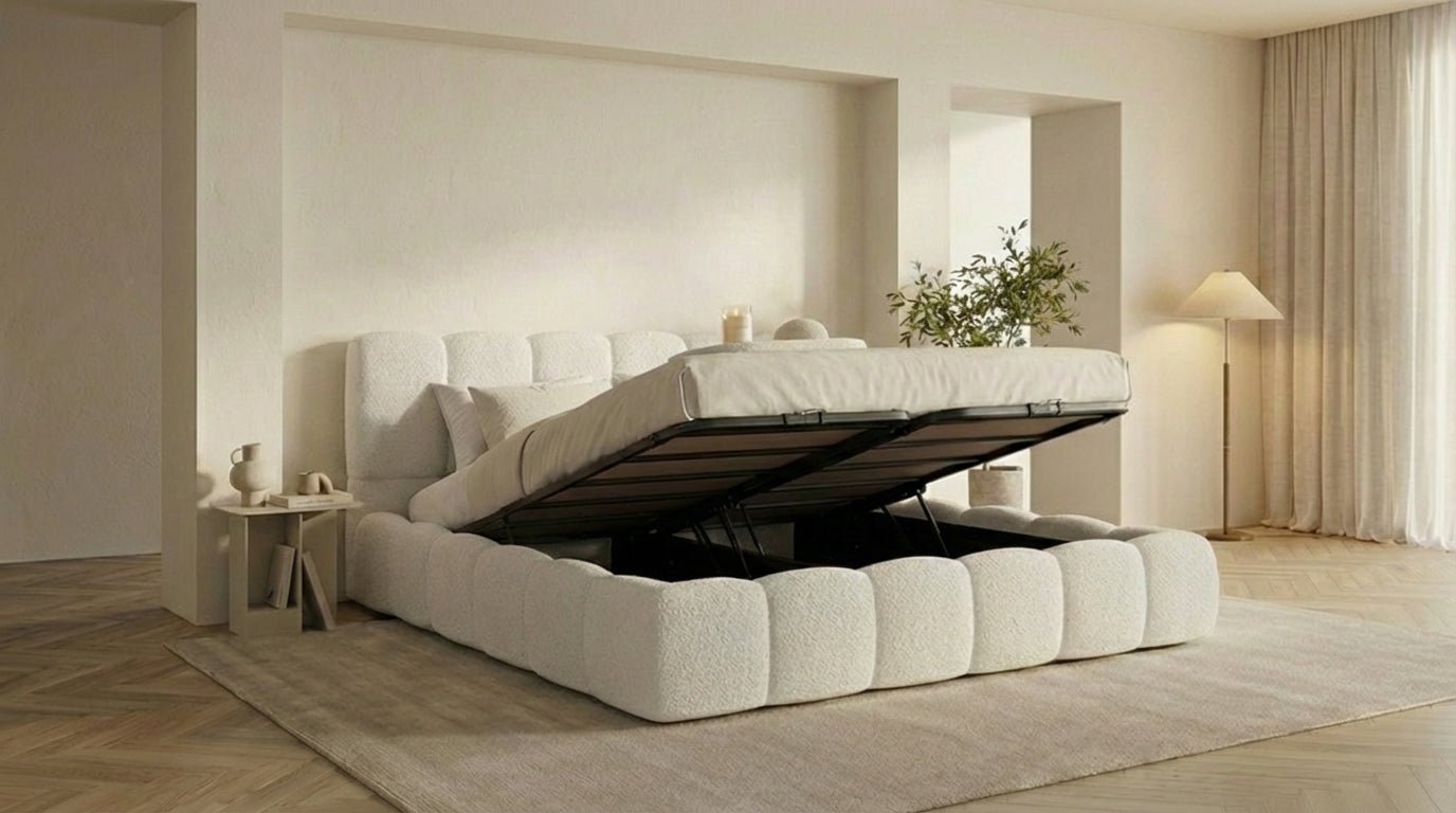 Lit coffre ALYA en tissu blanc cassé avec sommier et tête de lit inclus - TRUST INDUSTRIE - 140 x 190 cm - 