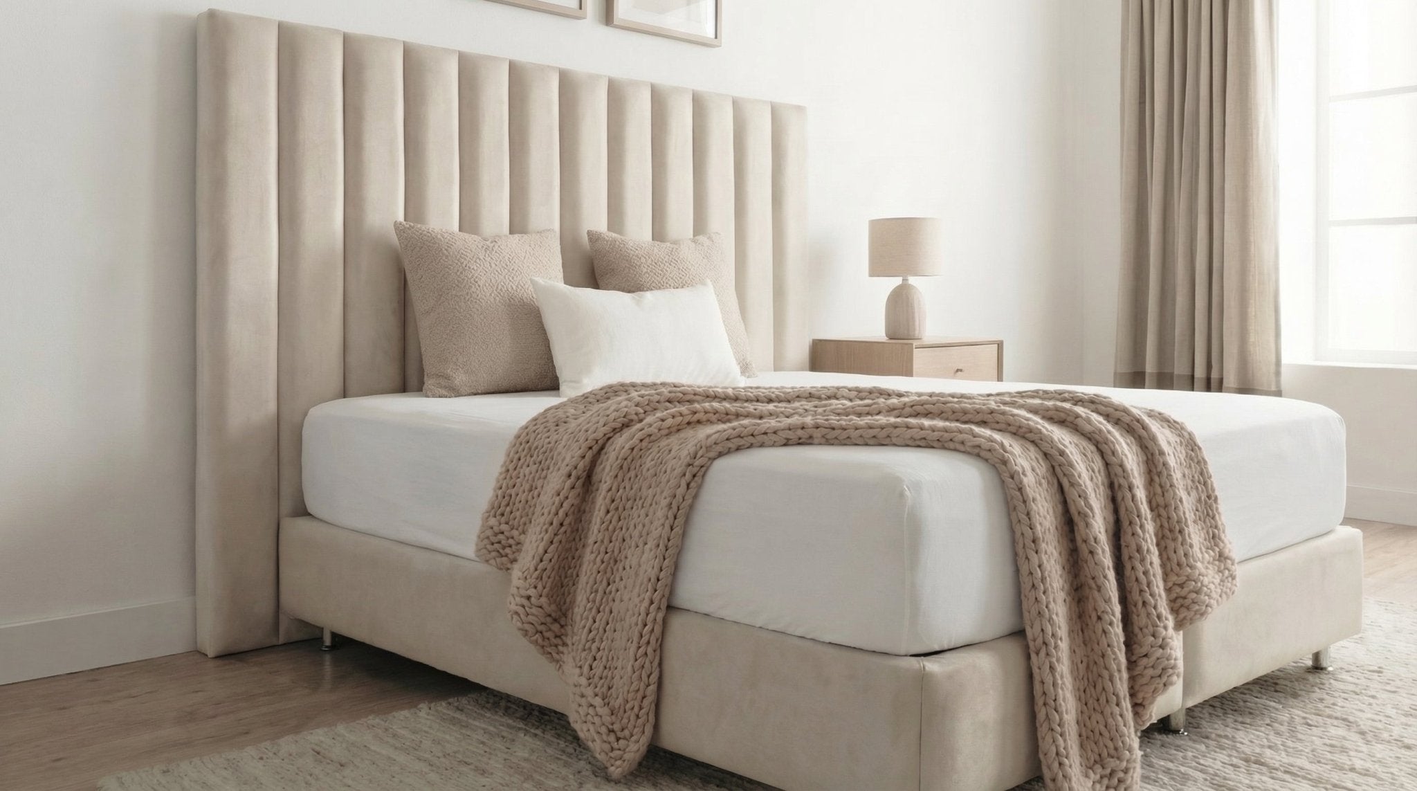 Lit coffre ATHÈNE en velours beige avec sommier et tête de lit inclus - TRUST INDUSTRIE - Beige - 140 x 190 cm - 