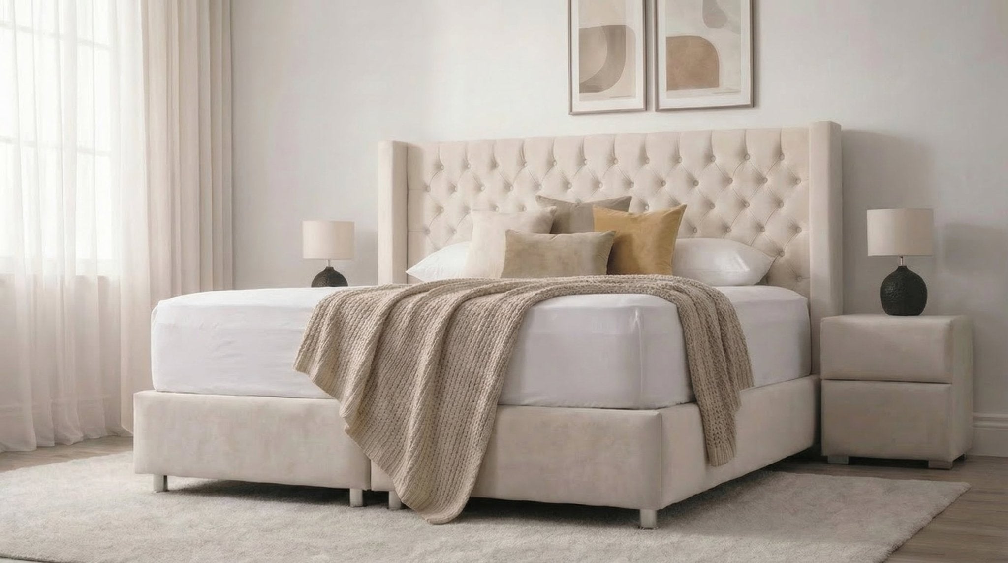 Lit coffre BIANCA en velours blanc écru avec sommier et tête de lit inclus - TRUST INDUSTRIE - 140 x 190 cm - 