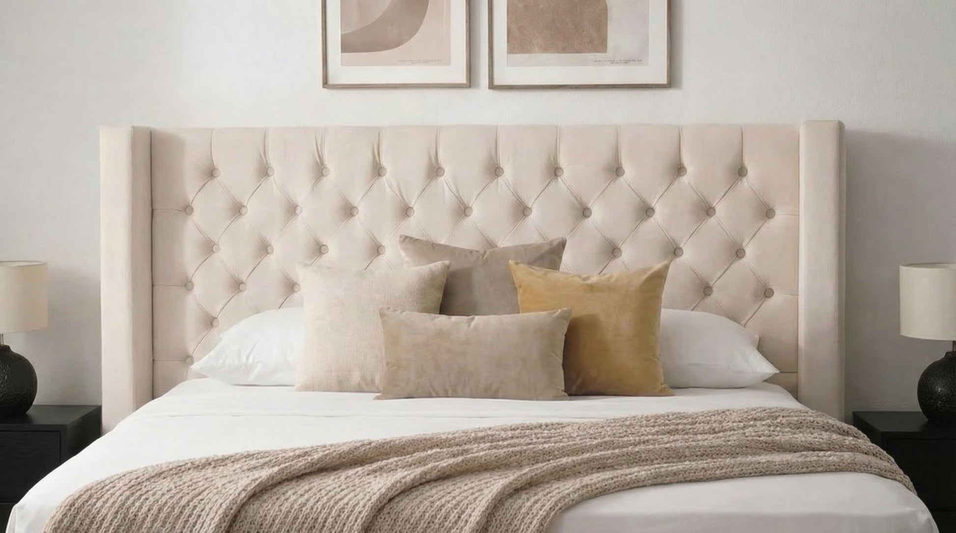 Lit coffre BIANCA en velours blanc écru avec sommier et tête de lit inclus - TRUST INDUSTRIE - 140 x 190 cm - 