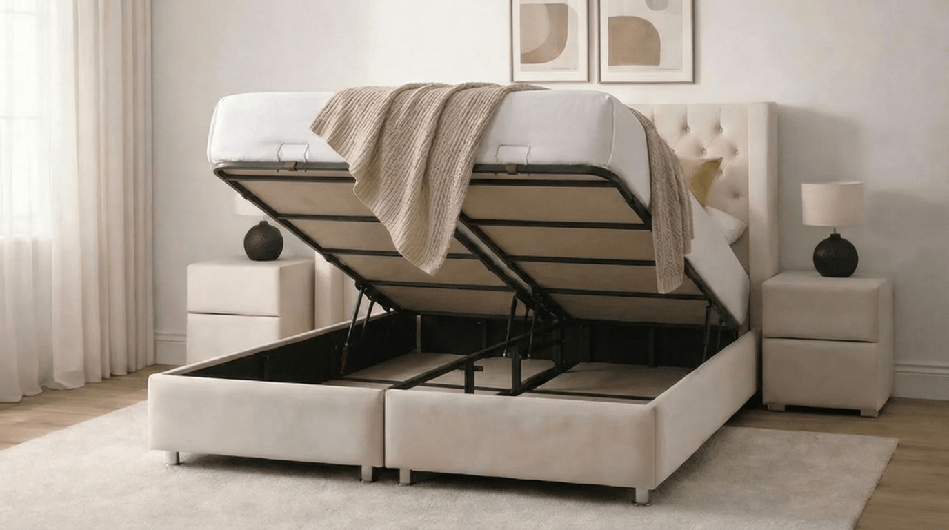 Lit coffre BIANCA en velours blanc écru avec sommier et tête de lit inclus - TRUST INDUSTRIE - 140 x 190 cm - Sans matelas - 