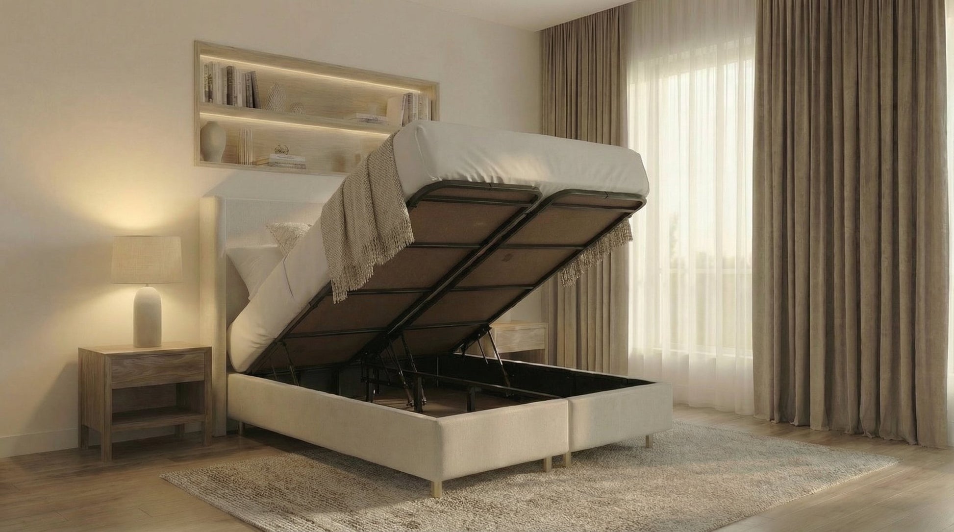 Lit coffre COCO en velours beige avec sommier et tête de lit inclus - TRUST INDUSTRIE - 140 x 190 cm - 160 x 200 cm - 180 x 200 cm - 
Sans matelas - Milan - Singapour - Dubai