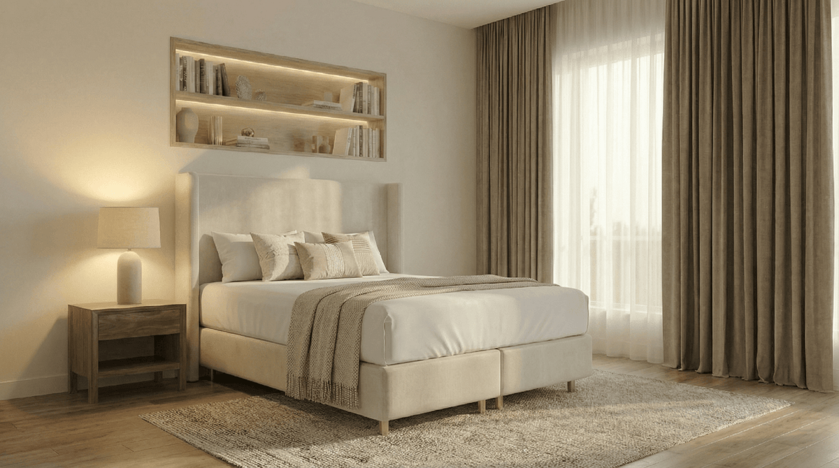 Lit coffre COCO en velours beige avec sommier et tête de lit inclus