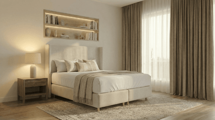 Lit coffre COCO en velours beige avec sommier et tête de lit inclus