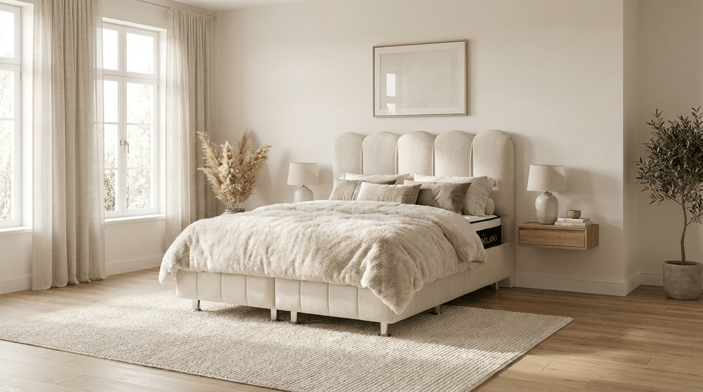 Lit coffre EMMA en tissu blanc cassé avec sommier et tête de lit inclus - TRUST INDUSTRIE - 140 x 190 cm - Sans matelas - 