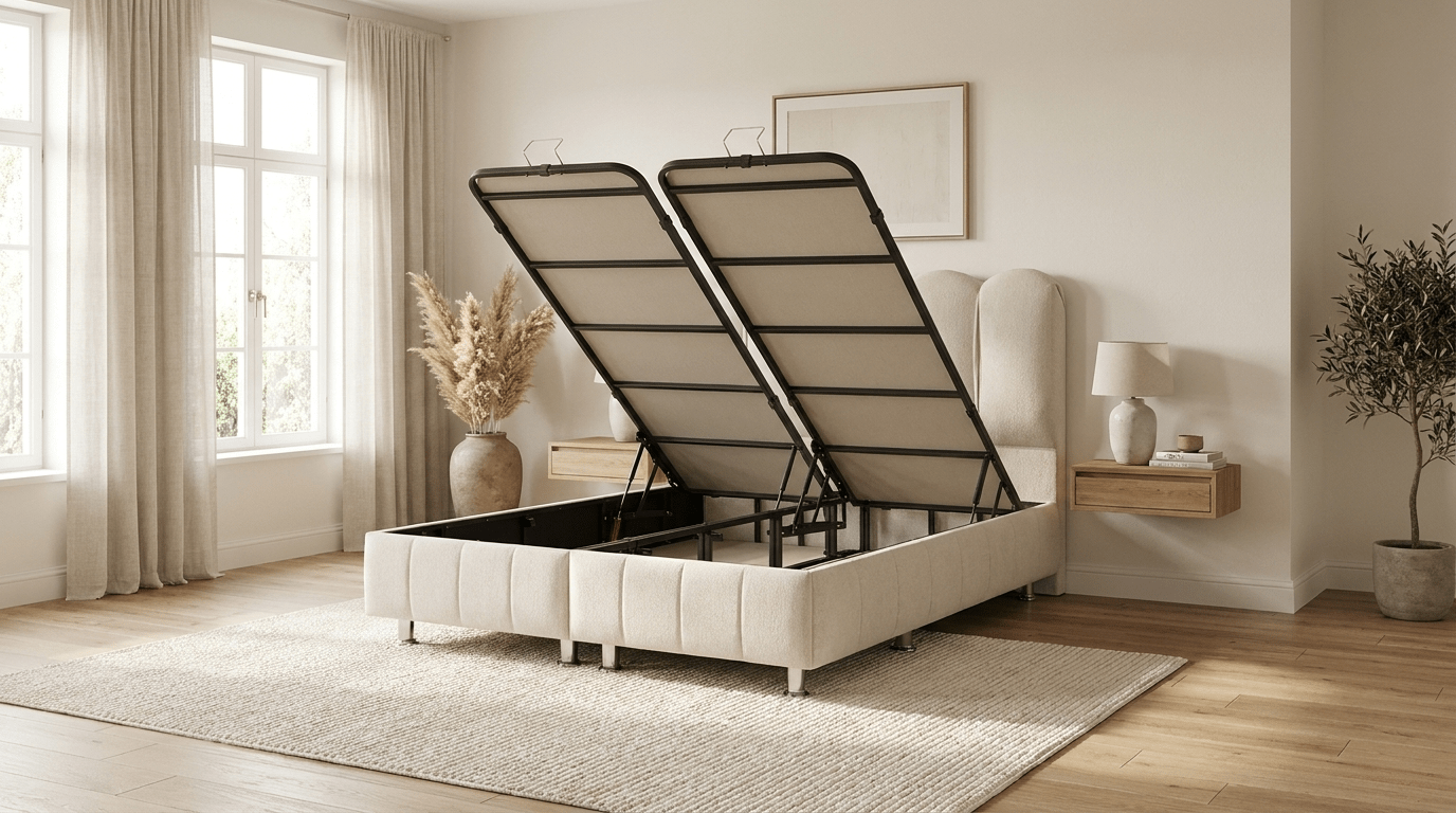 Lit coffre EMMA en tissu blanc cassé avec sommier et tête de lit inclus - TRUST INDUSTRIE - 140 x 190 cm - Sans matelas - 