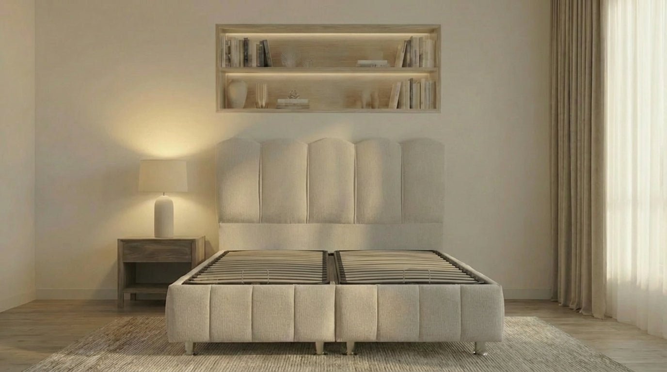 Lit coffre EMMA en tissu blanc cassé avec sommier et tête de lit inclus - TRUST INDUSTRIE - 140 x 190 cm - 