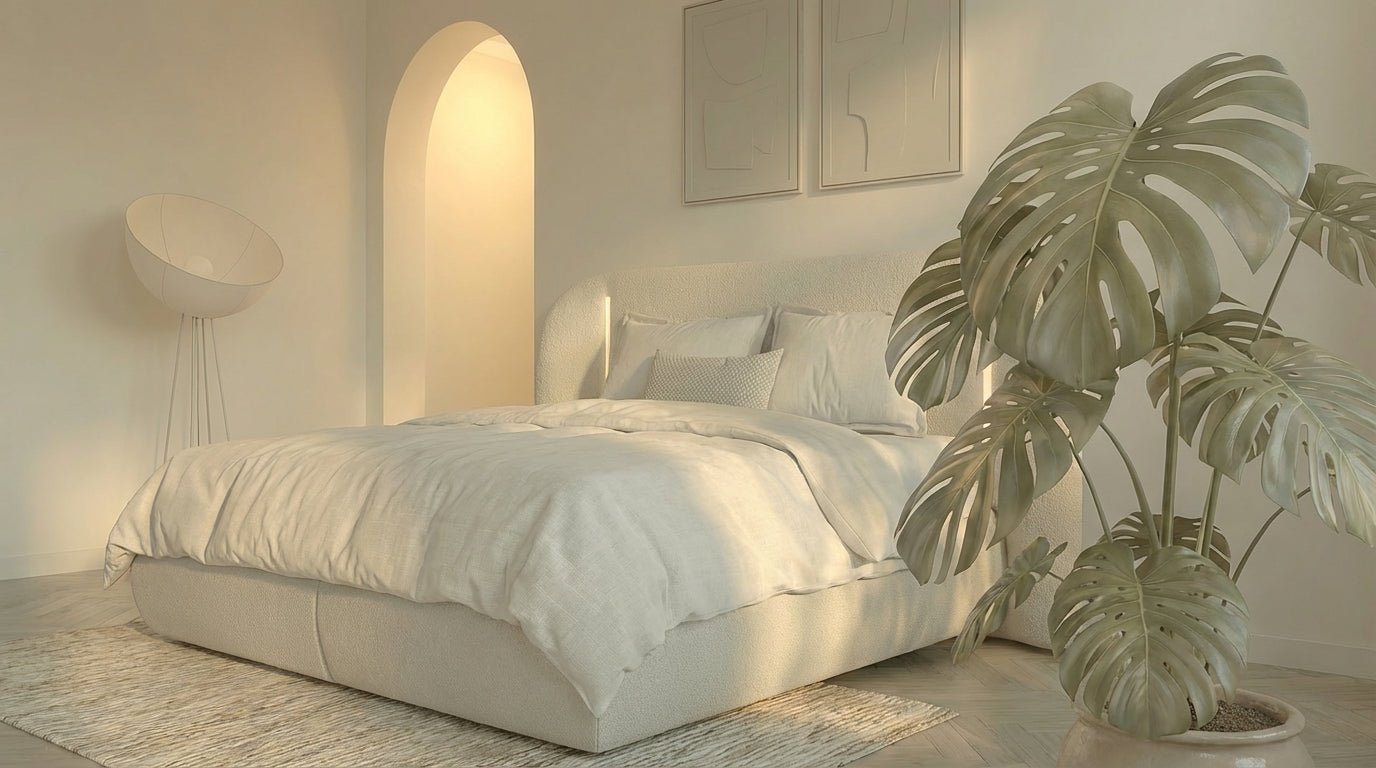 Lit coffre LUNEA en tissu blanc écru avec sommier et tête de lit inclus - TRUST INDUSTRIE - 160 x 200 cm - 180 x 200 cm - Sans matelas - Milan - Singapour - Dubai