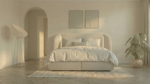 Lit coffre LUNEA en tissu blanc écru avec sommier et tête de lit inclus - TRUST INDUSTRIE - 160 x 200 cm - 180 x 200 cm - Sans matelas - Milan - Singapour - Dubai