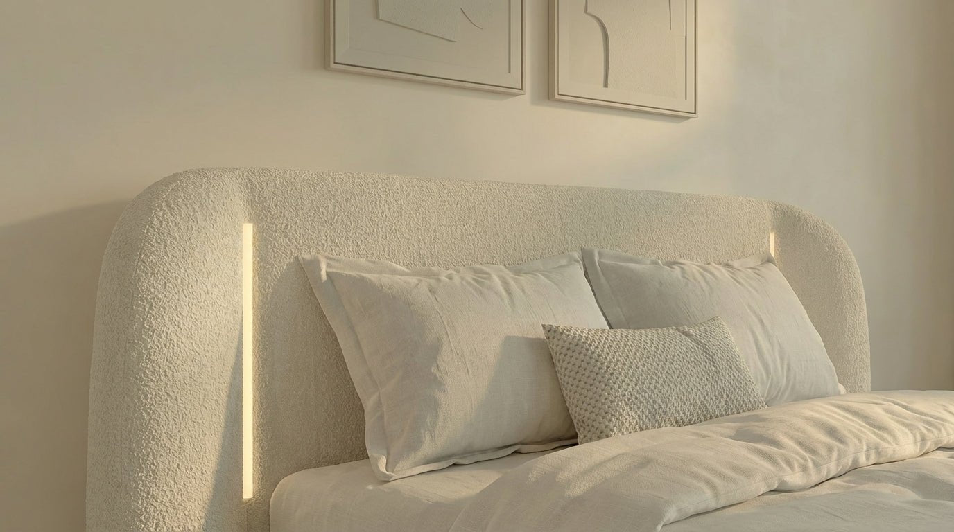 Lit coffre LUNEA en tissu blanc écru avec sommier et tête de lit inclus - TRUST INDUSTRIE - 160 x 200 cm - 180 x 200 cm - Sans matelas - Milan - Singapour - Dubai
