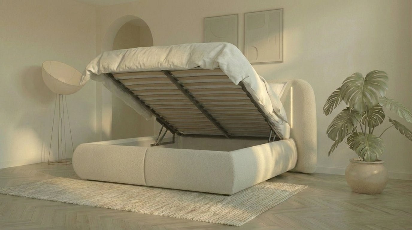 Lit coffre LUNEA en tissu blanc écru avec sommier et tête de lit inclus - TRUST INDUSTRIE - 160 x 200 cm - 180 x 200 cm - Sans matelas - Milan - Singapour - Dubai