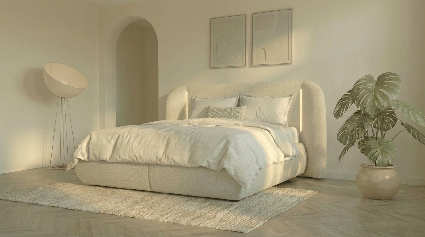 Lit coffre LUNEA en tissu blanc écru avec sommier et tête de lit inclus - TRUST INDUSTRIE - 160 x 200 cm - 180 x 200 cm - Sans matelas - Milan - Singapour - Dubai