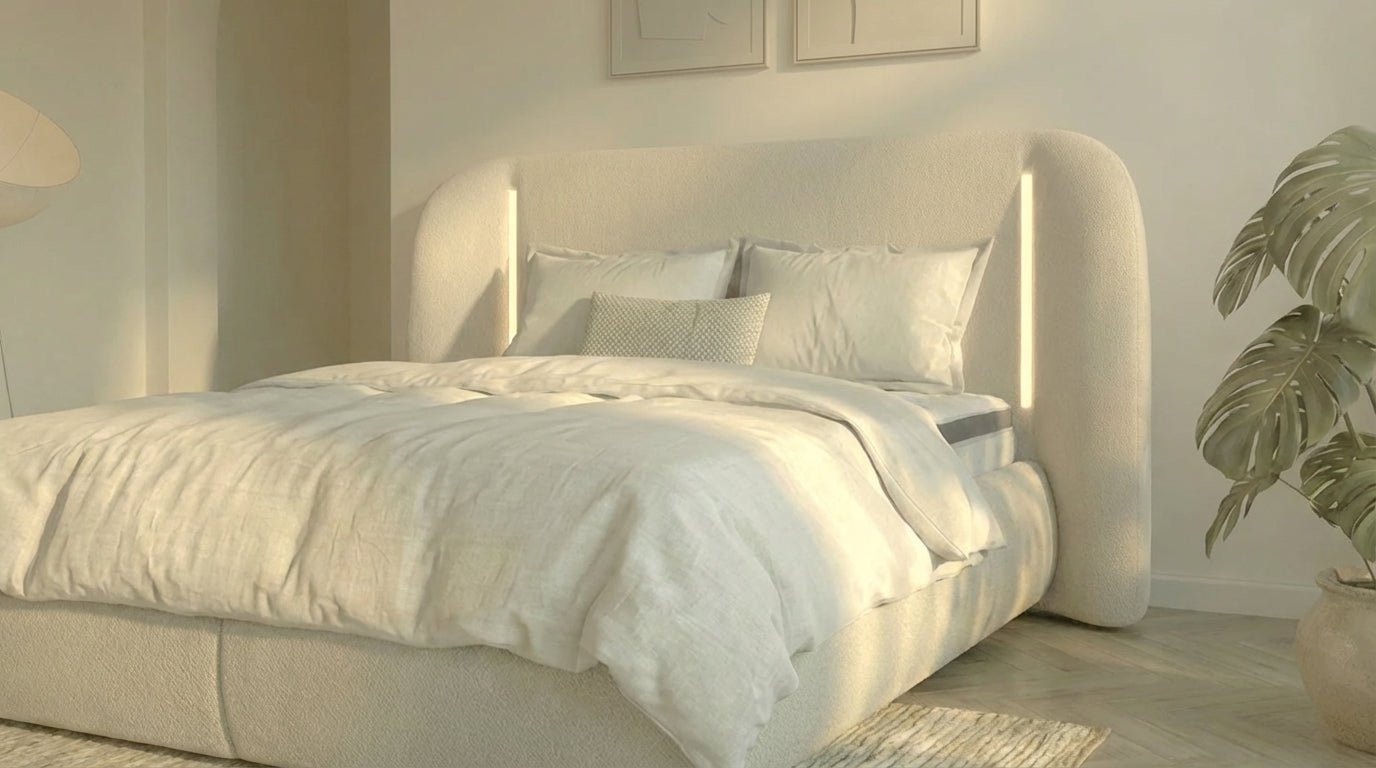 Lit coffre LUNEA en tissu blanc écru avec sommier et tête de lit inclus - TRUST INDUSTRIE - 160 x 200 cm - 180 x 200 cm - Sans matelas - Milan - Singapour - Dubai