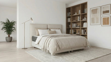 Lit coffre MAYA en tissu blanc cassé avec sommier et tête de lit inclus