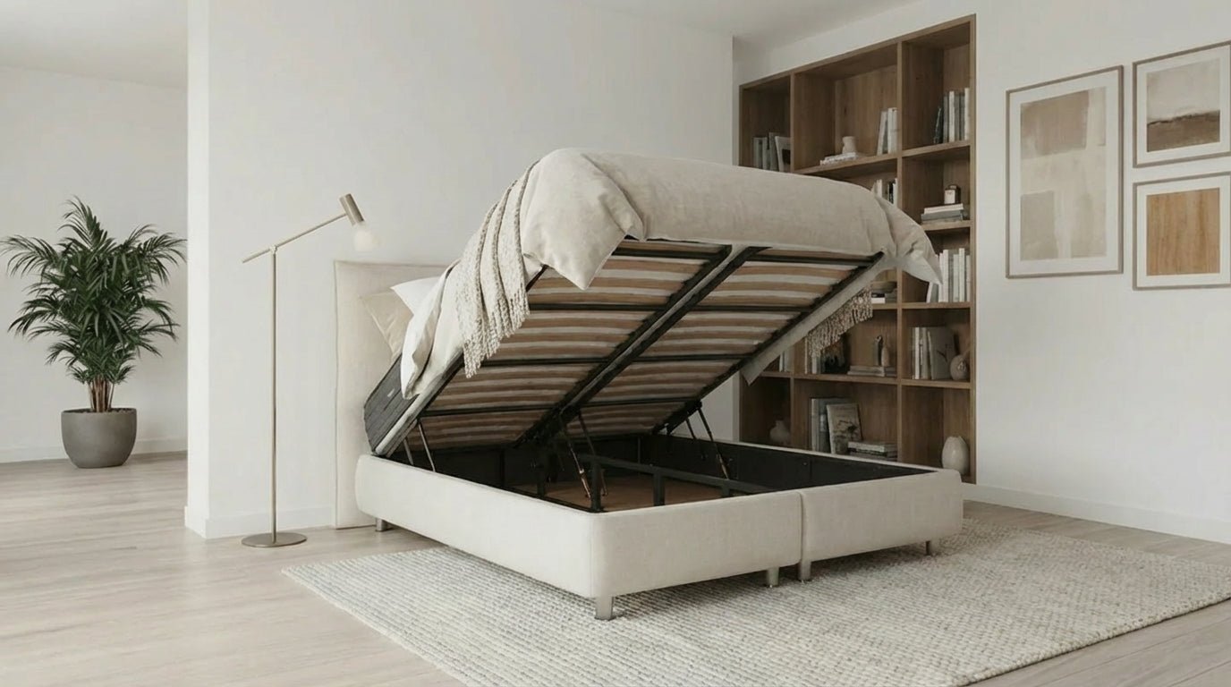 Lit coffre MAYA en tissu blanc cassé avec sommier et tête de lit inclus - TRUST INDUSTRIE - 140 x 190 cm - 