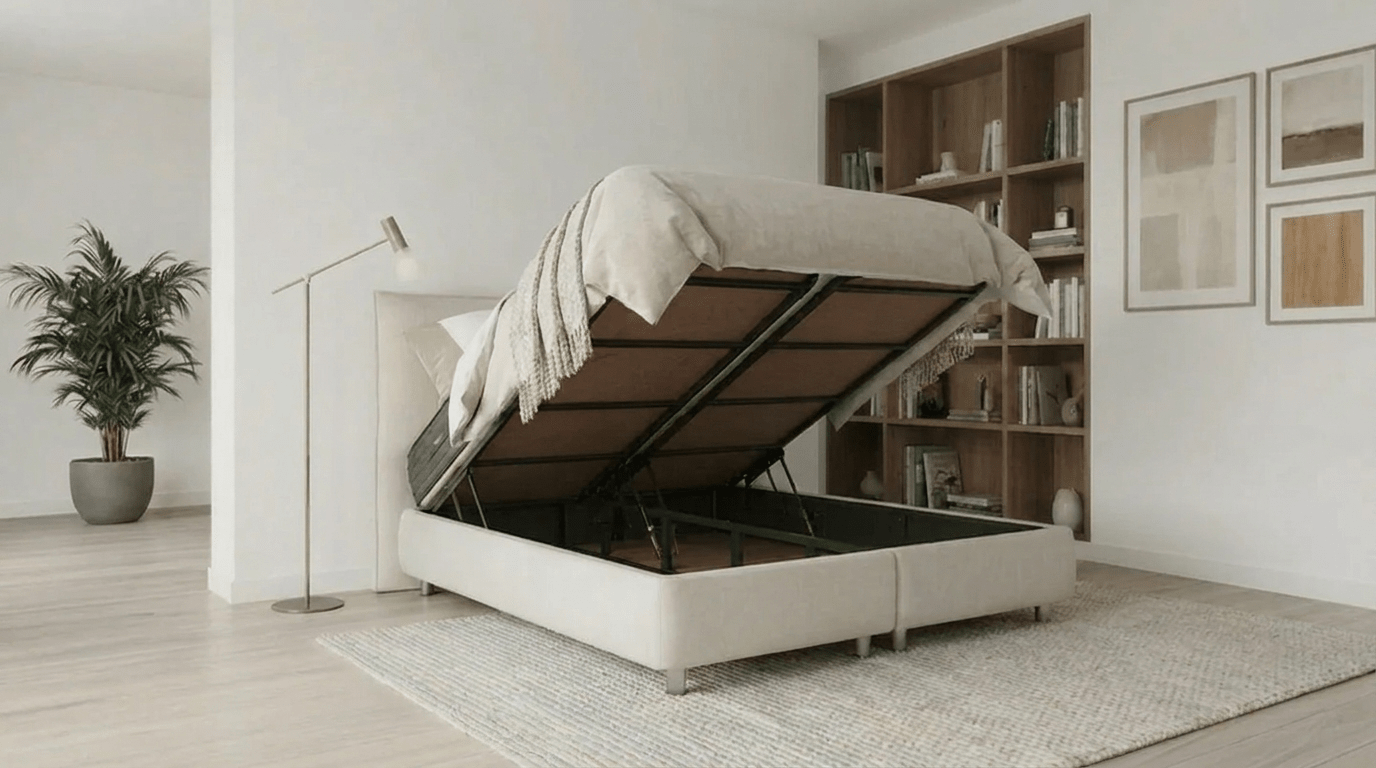 Lit coffre MAYA en tissu blanc cassé avec sommier et tête de lit inclus - TRUST INDUSTRIE - 140 x 190 cm - Sans matelas - 