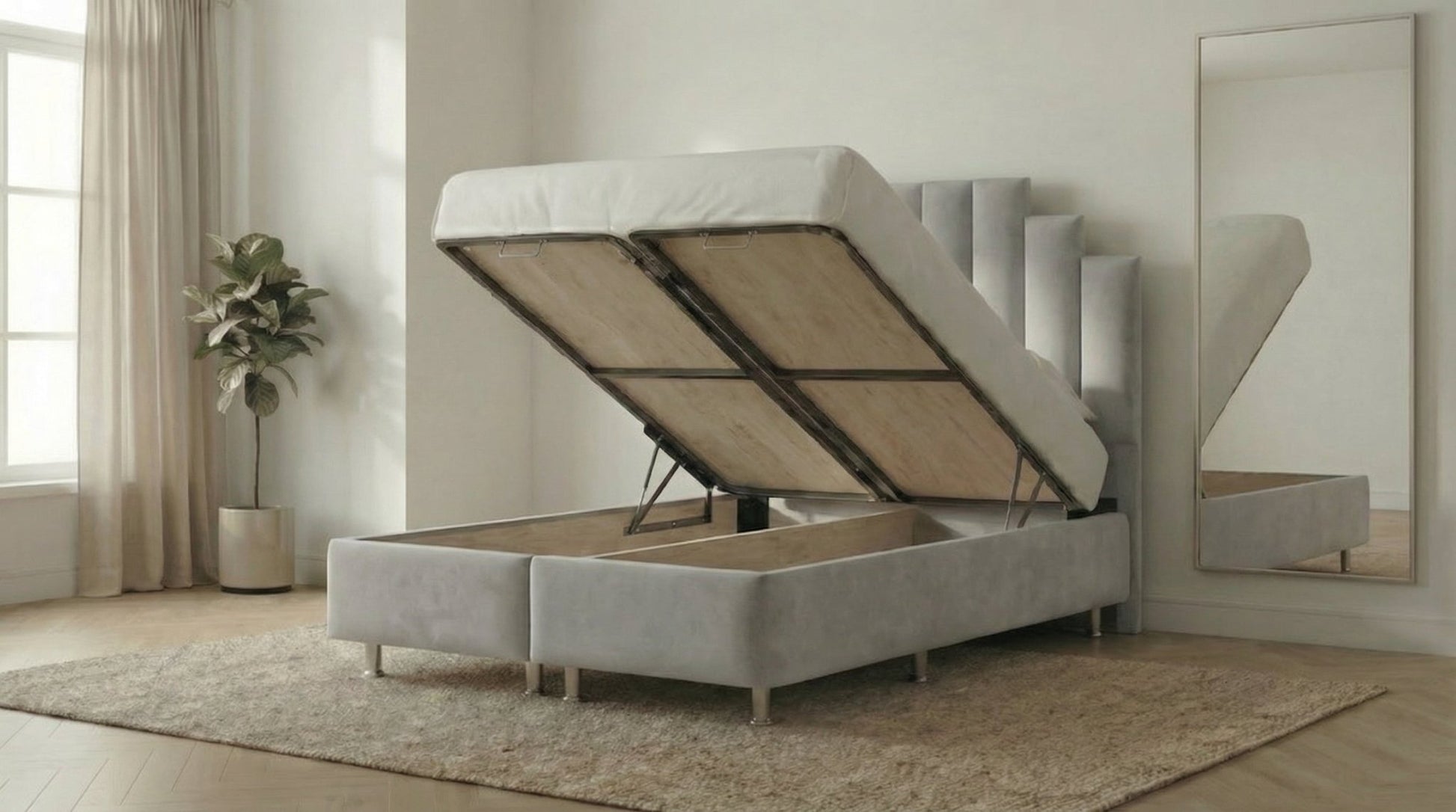 Lit coffre RATUNA en velours avec sommier et tête de lit inclus - TRUST INDUSTRIE - Beige - 140 x 190 cm - 