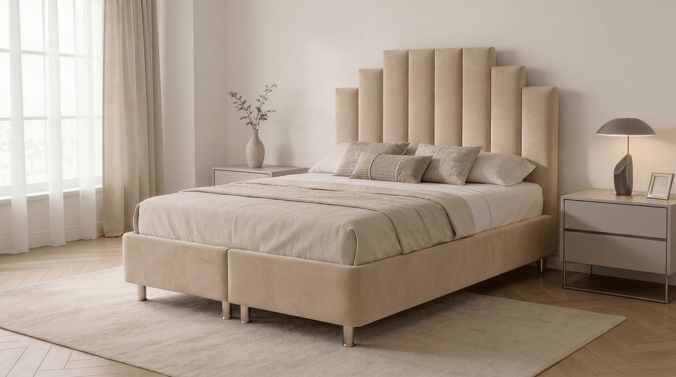 Lit coffre RATUNA en velours avec sommier et tête de lit inclus - TRUST INDUSTRIE - Beige - 140 x 190 cm - Sans matelas
