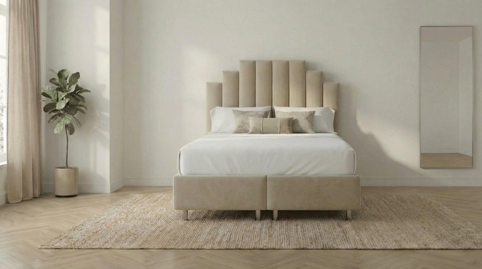 Lit coffre RATUNA en velours avec sommier et tête de lit inclus - TRUST INDUSTRIE - Beige - 140 x 190 cm - 