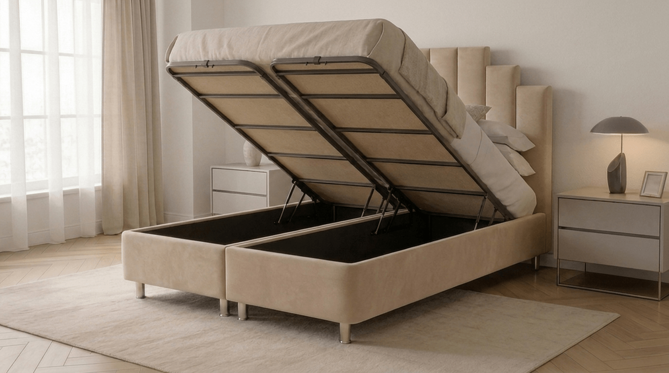 Lit coffre RATUNA en velours avec sommier et tête de lit inclus - TRUST INDUSTRIE - Beige - 140 x 190 cm - Sans matelas