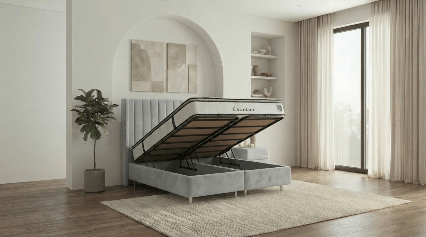 Lit coffre RIO en velours beige avec sommier et tête de lit inclus - TRUST INDUSTRIE - Gris - 140 x 190 cm - 