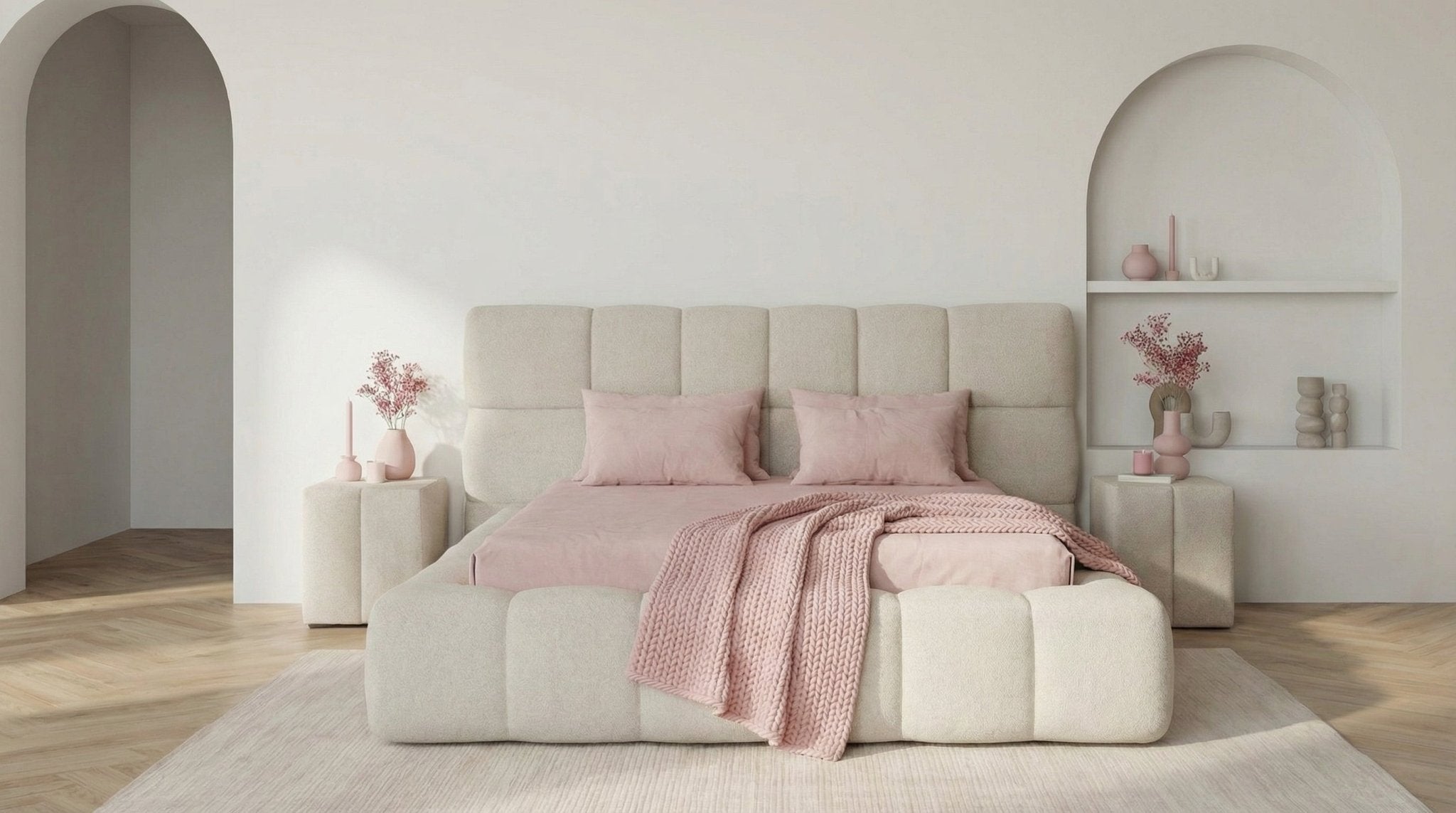 Lit coffre SALVADOR en tissu blanc cassé avec sommier et tête de lit inclus - TRUST INDUSTRIE - 140 x 190 cm - 