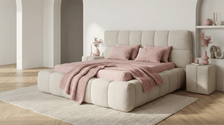 Lit coffre SALVADOR en tissu blanc cassé avec sommier et tête de lit inclus
