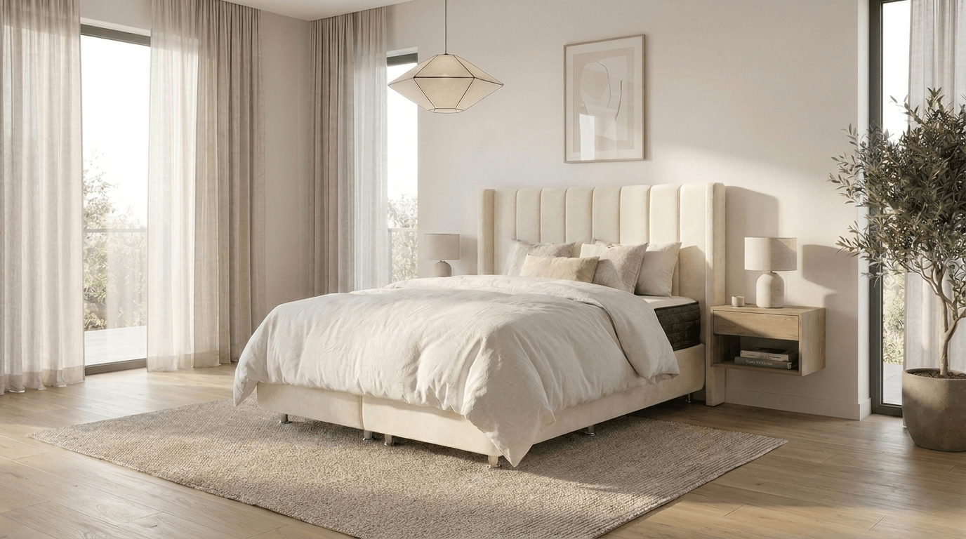Lit coffre TOKYO en velours beige avec sommier et tête de lit inclus - TRUST INDUSTRIE - Beige - 140 x 190 cm - Sans matelas