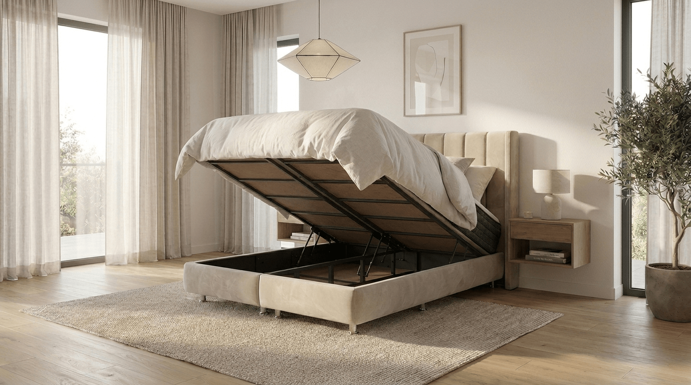 Lit coffre TOKYO en velours beige avec sommier et tête de lit inclus - TRUST INDUSTRIE - Beige - 140 x 190 cm - Sans matelas