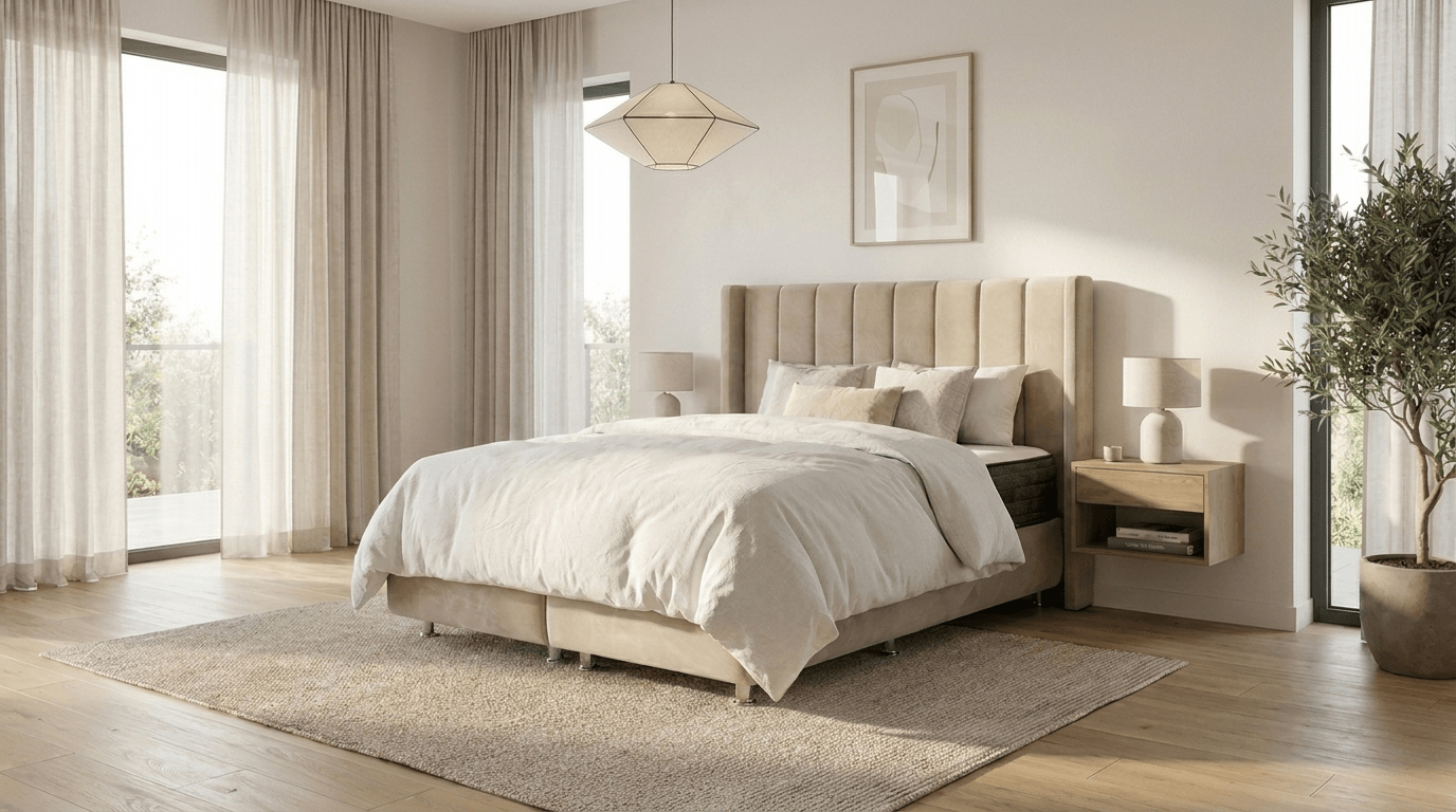 Lit coffre TOKYO en velours beige avec sommier et tête de lit inclus - TRUST INDUSTRIE - Beige - 140 x 190 cm - Sans matelas